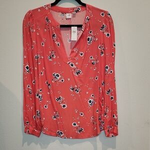 GAP Coral Pink Floral V-Neck Long Sleeve Blouse